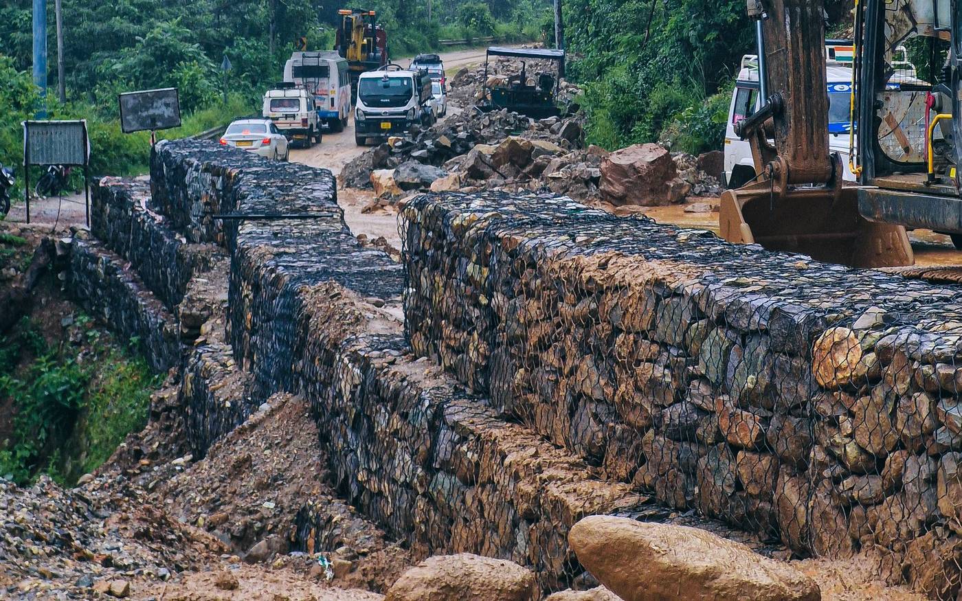 Gabion retaining walls along a hill road