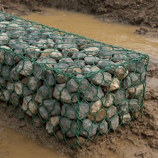 PVC coated gabion box filled with stone at a muddy riverbank