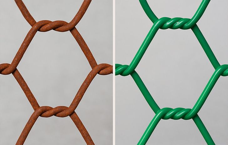 Rusted bare GI mesh beside green PVC coated mesh