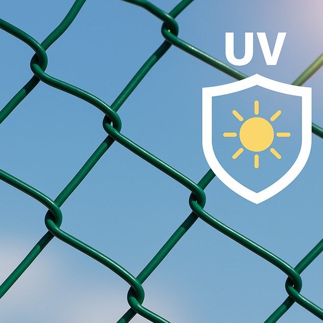 Green PVC coated chain link against the sky
