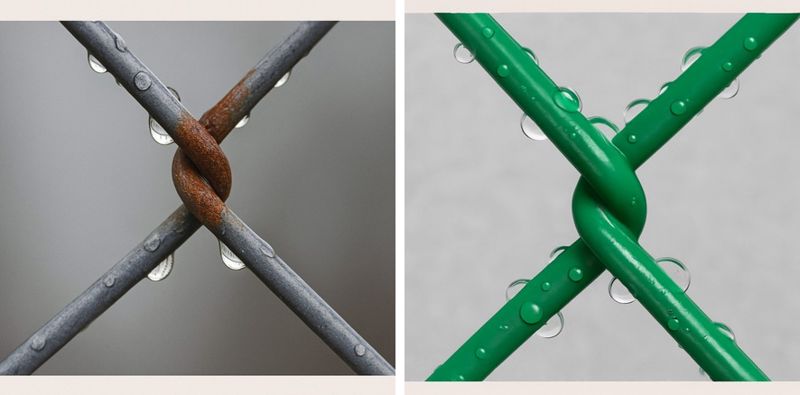 Water beading on a rusted bare wire twist and on a PVC coated twist